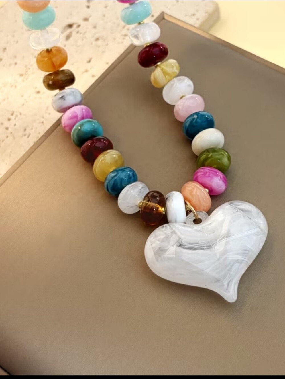 Multicolor Glass Chunky Faceted Bead Necklace with White Swirl Heart Pendant